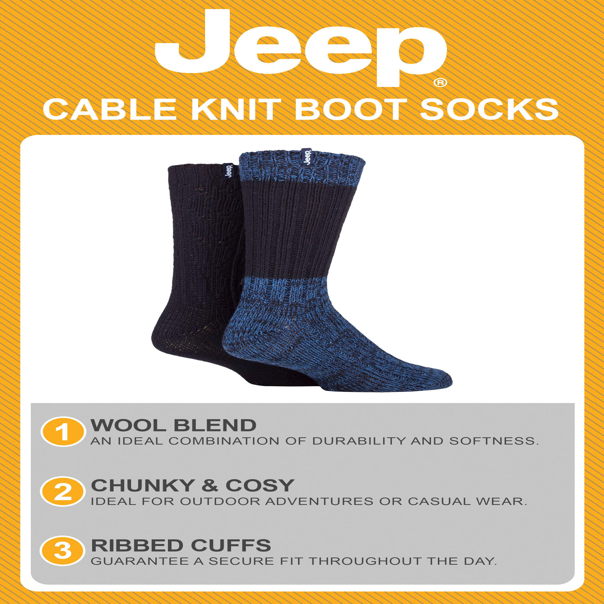 Mens Heavyweight Ribbed Cable Knit Wool Hiking Socks 3/3