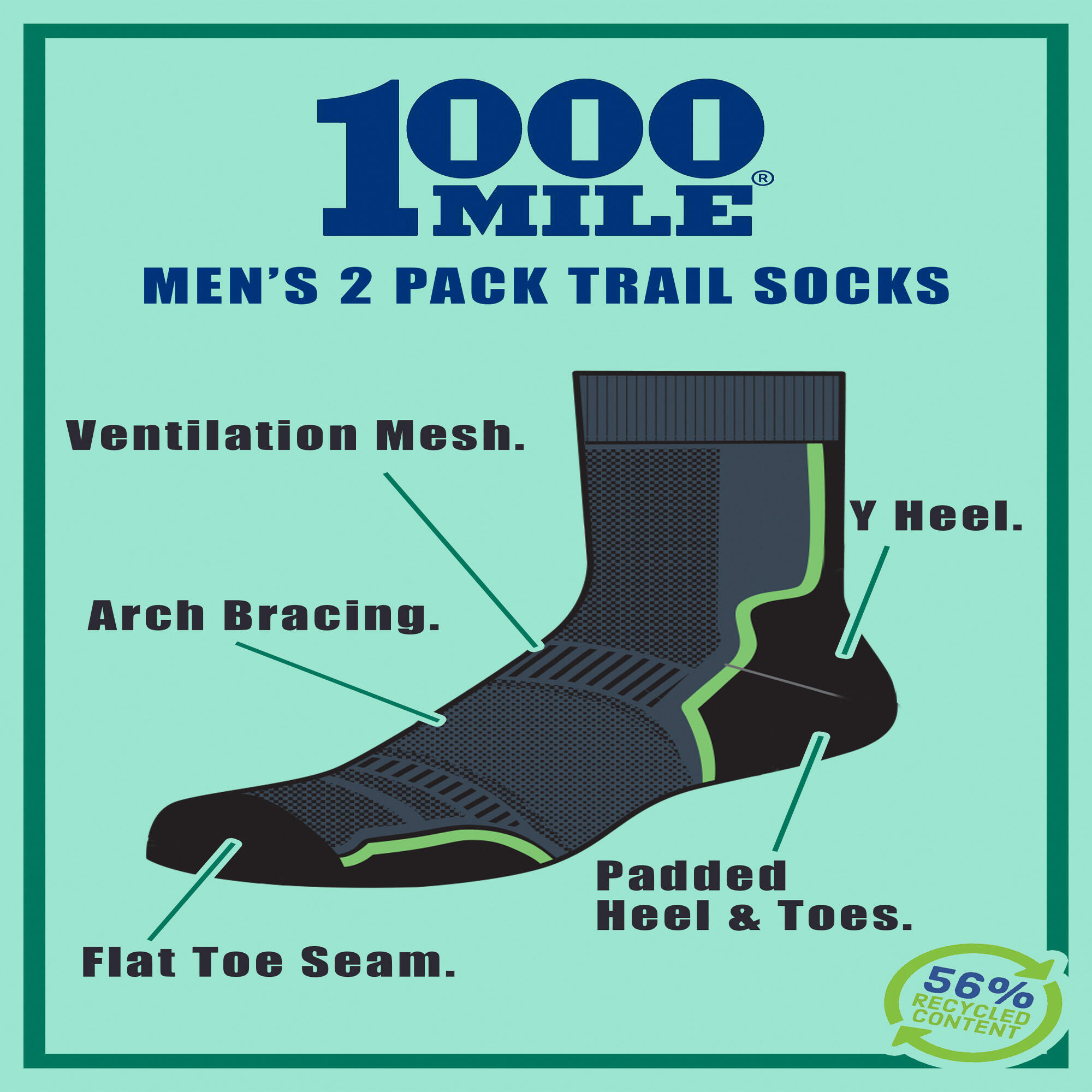 2 Pack Mens Trail Repreve Single Layer Socks 3/5