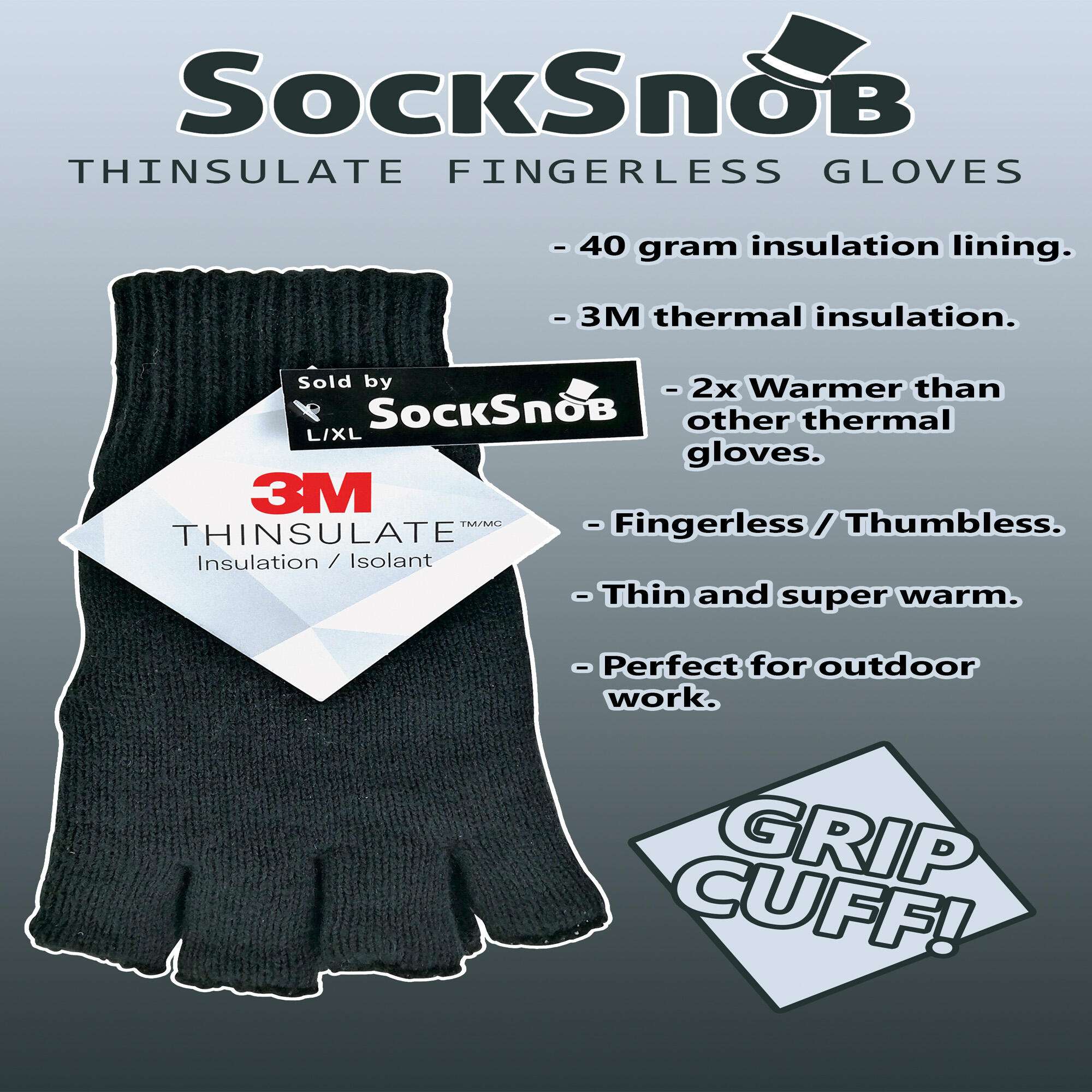Mens 3M Thinsulate Thermal Insulated Black Fingerless Gloves 3/3