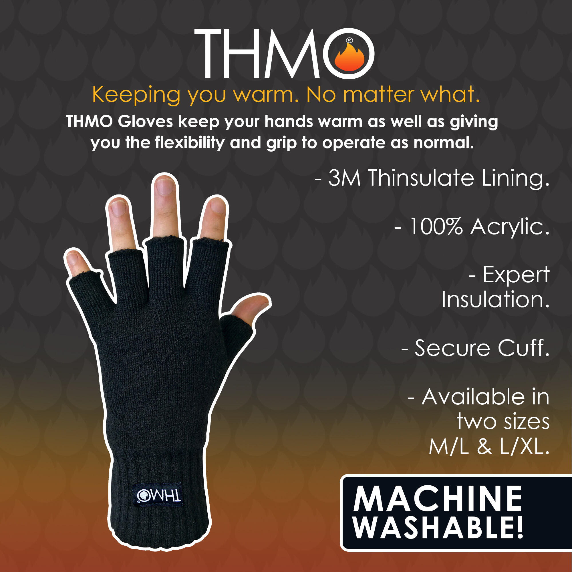 Mens Black 3M Thinsulate Insulation Lined Fingerless Gloves 3/5