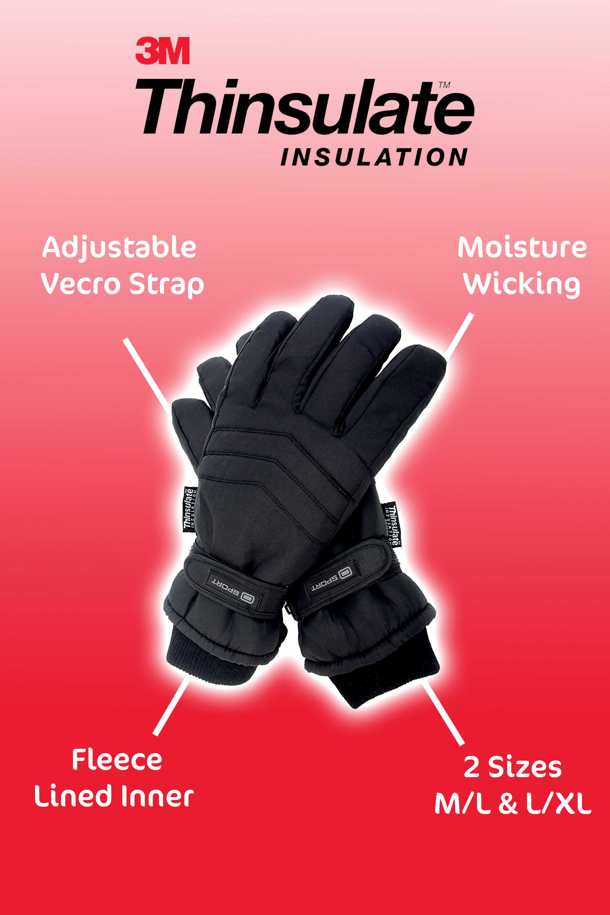 Mens 3M Thinsulate 40 gram Thermal Insulated Waterproof Ski Gloves 3/6