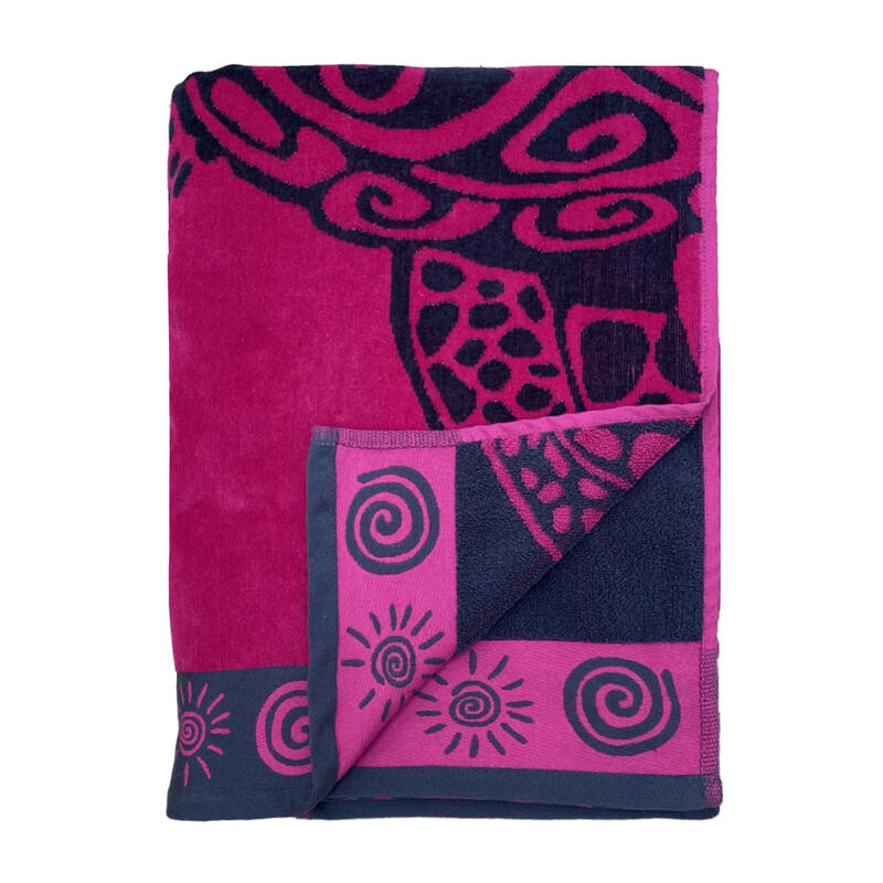 Serviette de plage Tortue Fuchsia 100% coton éponge jacquard