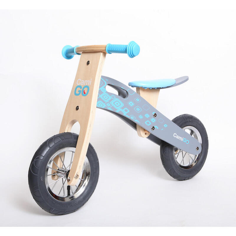 Vélo d'équilibre en bois avec roues gonflables de 10 et 12 pouces Bleu