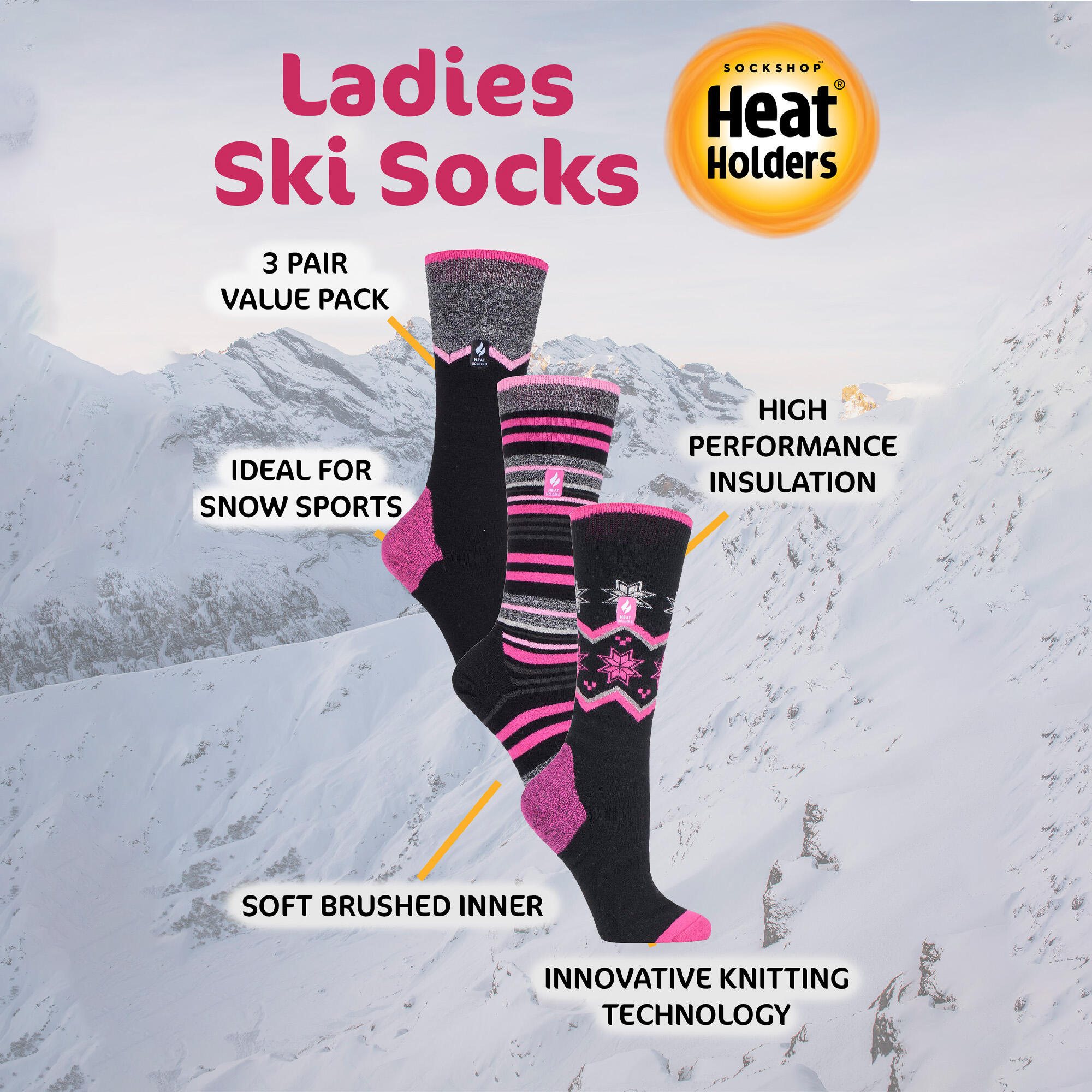 3 Pack Ladies Patterned Lightweight Thin 1.0 TOG Thermal Knee High Ski Socks 4/4