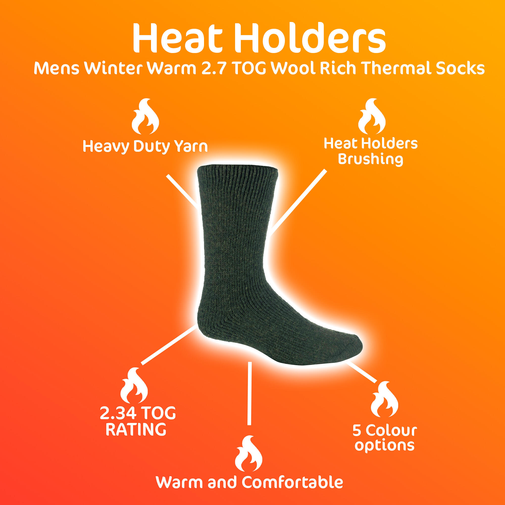 Mens Thick Heavy 2.7 TOG Short Thermal Wool Rich Socks HEAT HOLDERS