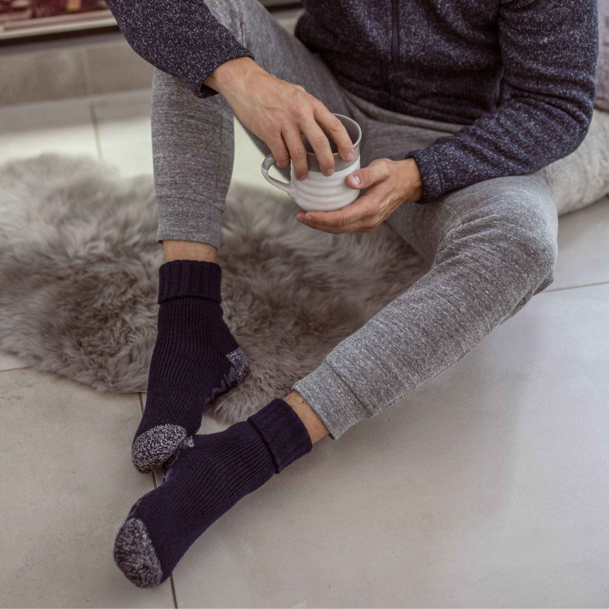 Mens Turnover Thermal Fleece Lined Bed Socks with Non Slip Grips 3/5