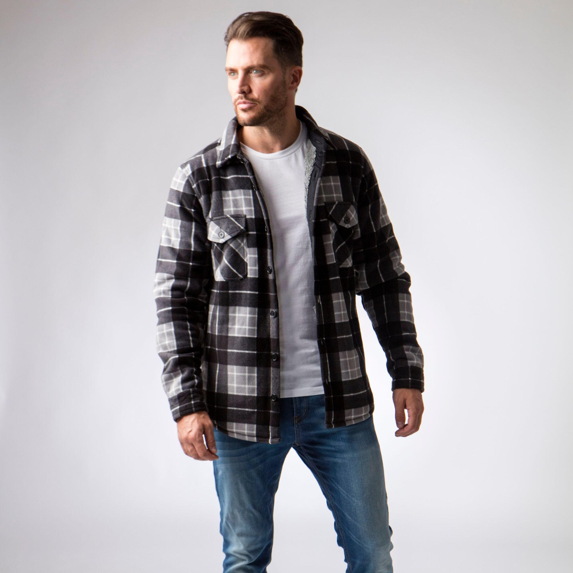 Mens Quilted Plaid Pattern Thermal Warm Long Sleeve Winter Jacket 3/4