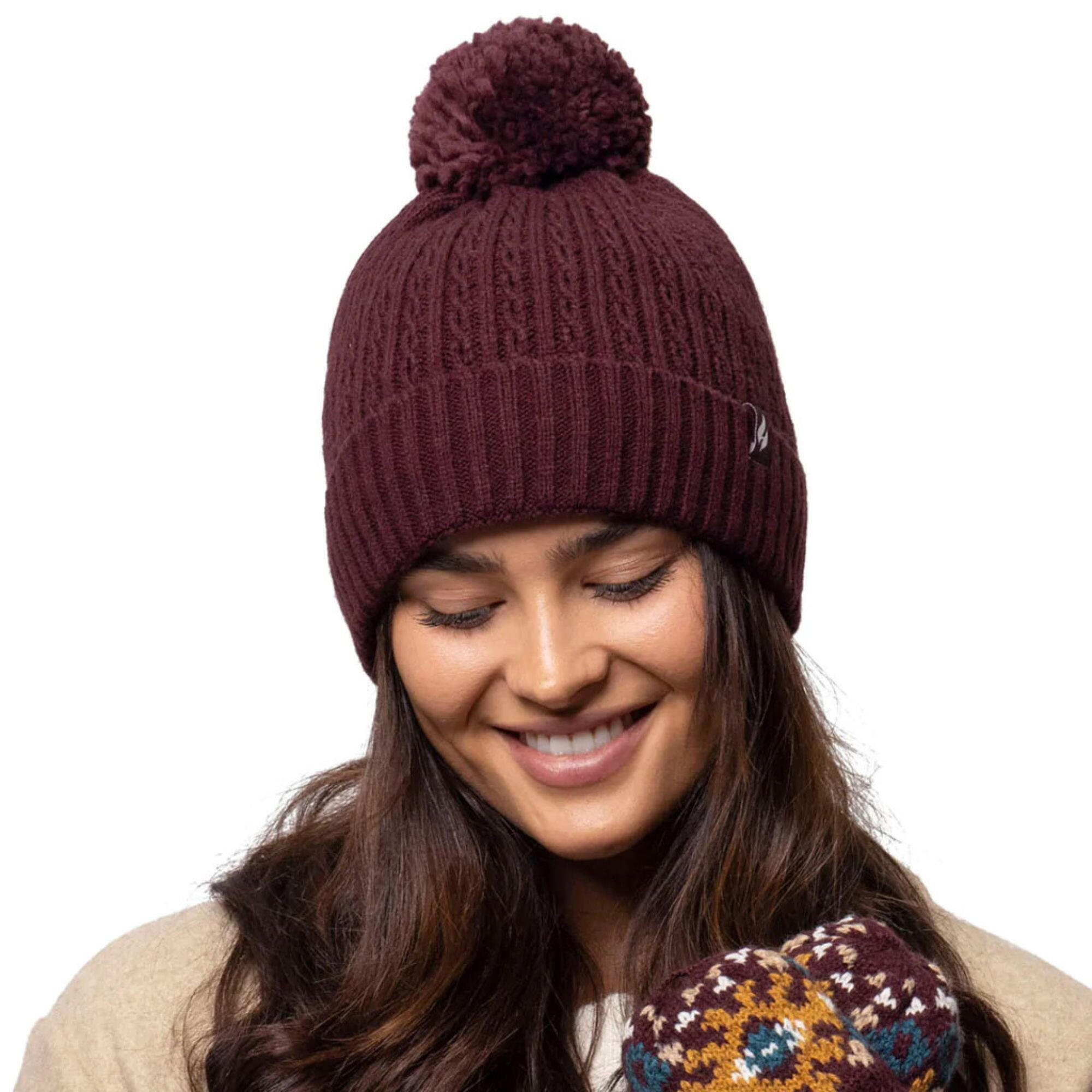 Ladies Winter Ribbed Thermal Cable Knit Beanie Pom Pom Hat 3/5