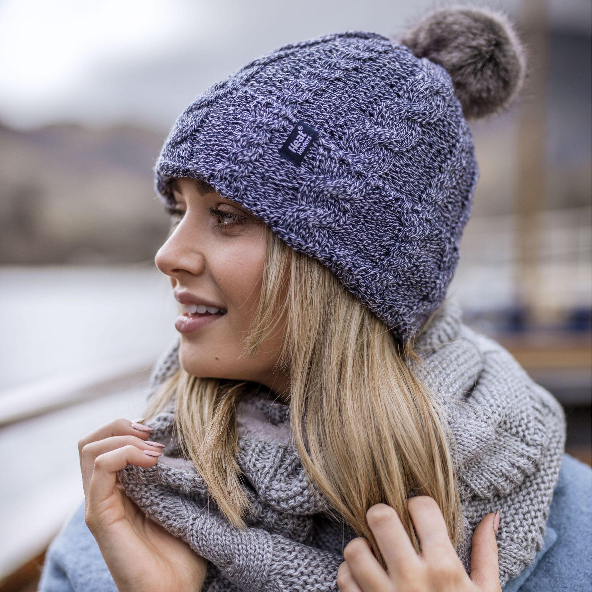 Ladies Cable Knit Fleece Lined Thermal Winter Bobble Hat with Pom Pom 3/5