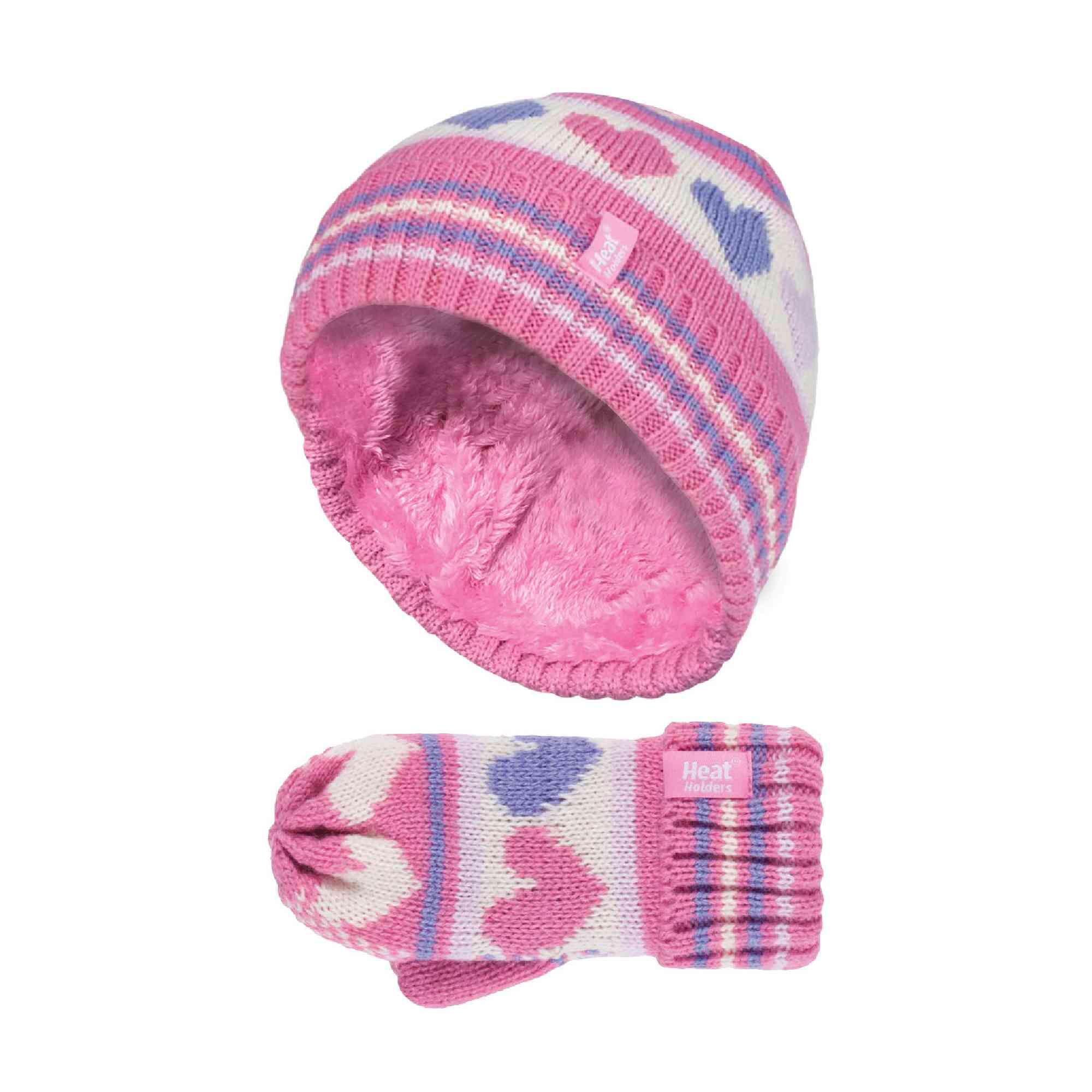 Kids Fleece Lined Knitted Striped Colourful Winter Thermal Hat and Mittens Set 1/4