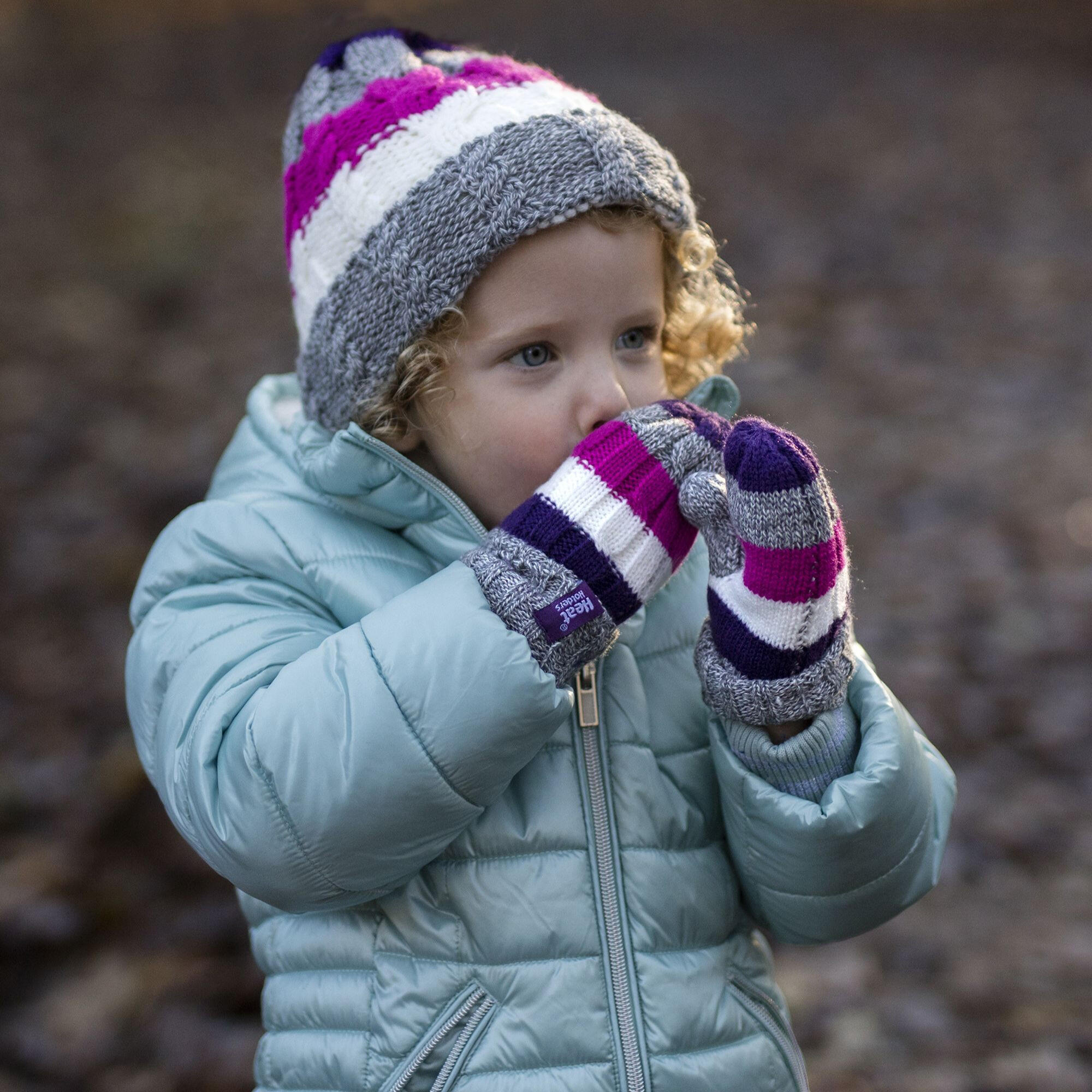 Kids Fleece Lined Knitted Striped Colourful Winter Thermal Hat and Mittens Set 4/4