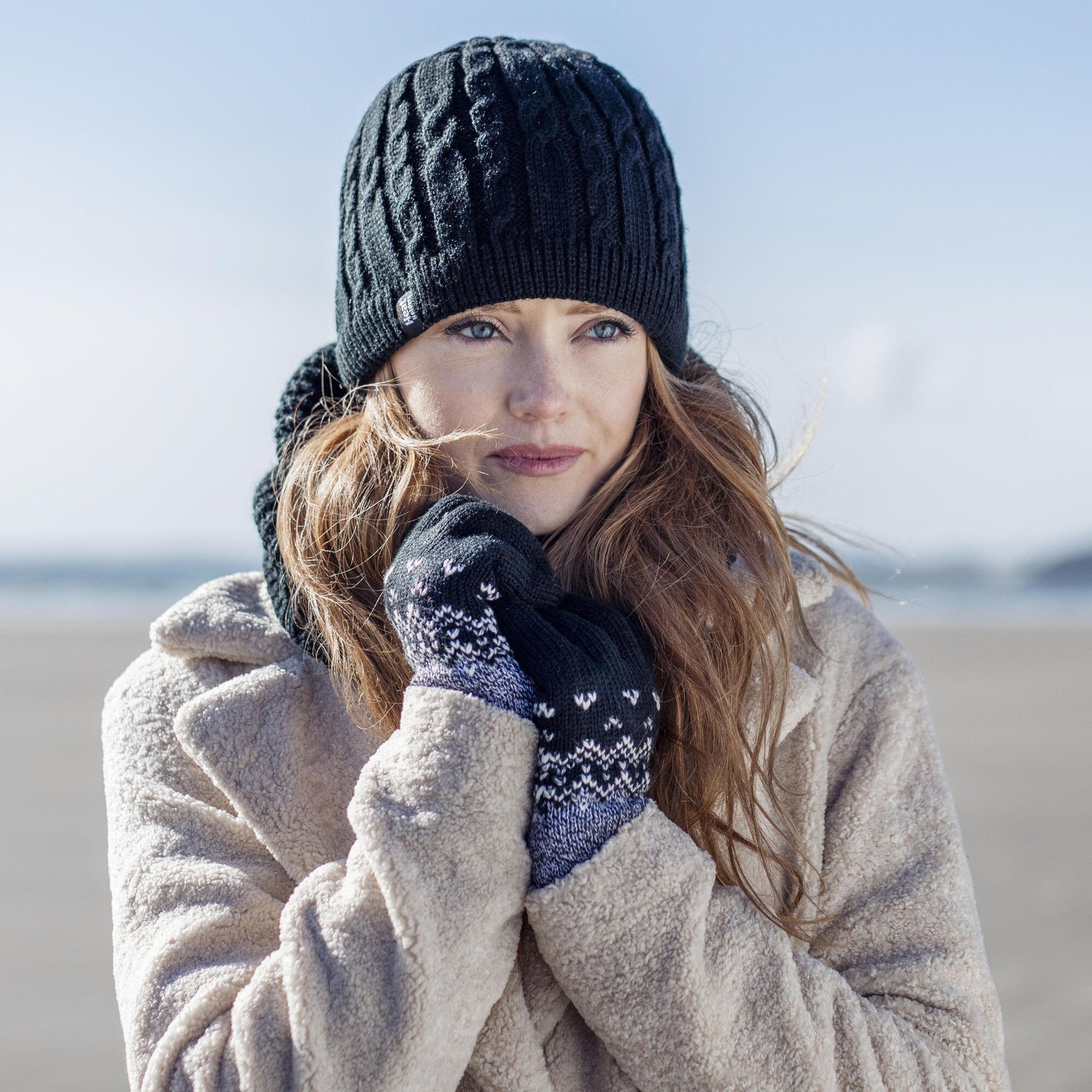 Ladies Fairisle Fleece Lined Knitted Warm Winter Thermal Gloves 3/4
