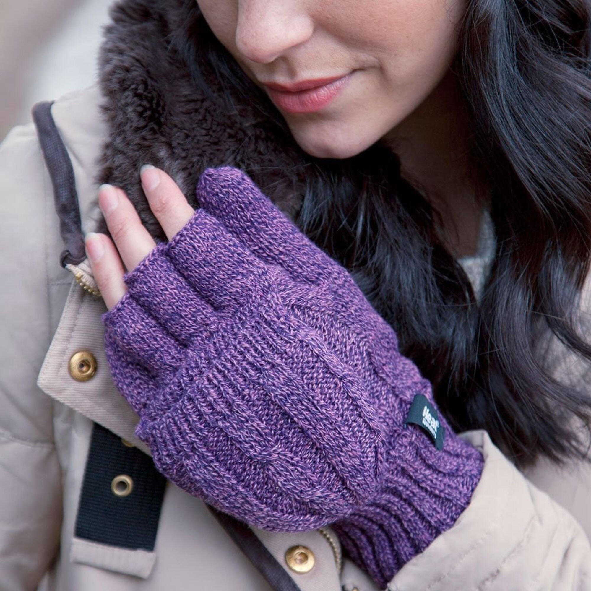 Ladies Cable Knit Winter 2.3 TOG Thermal Fingerless Converter Gloves 3/4