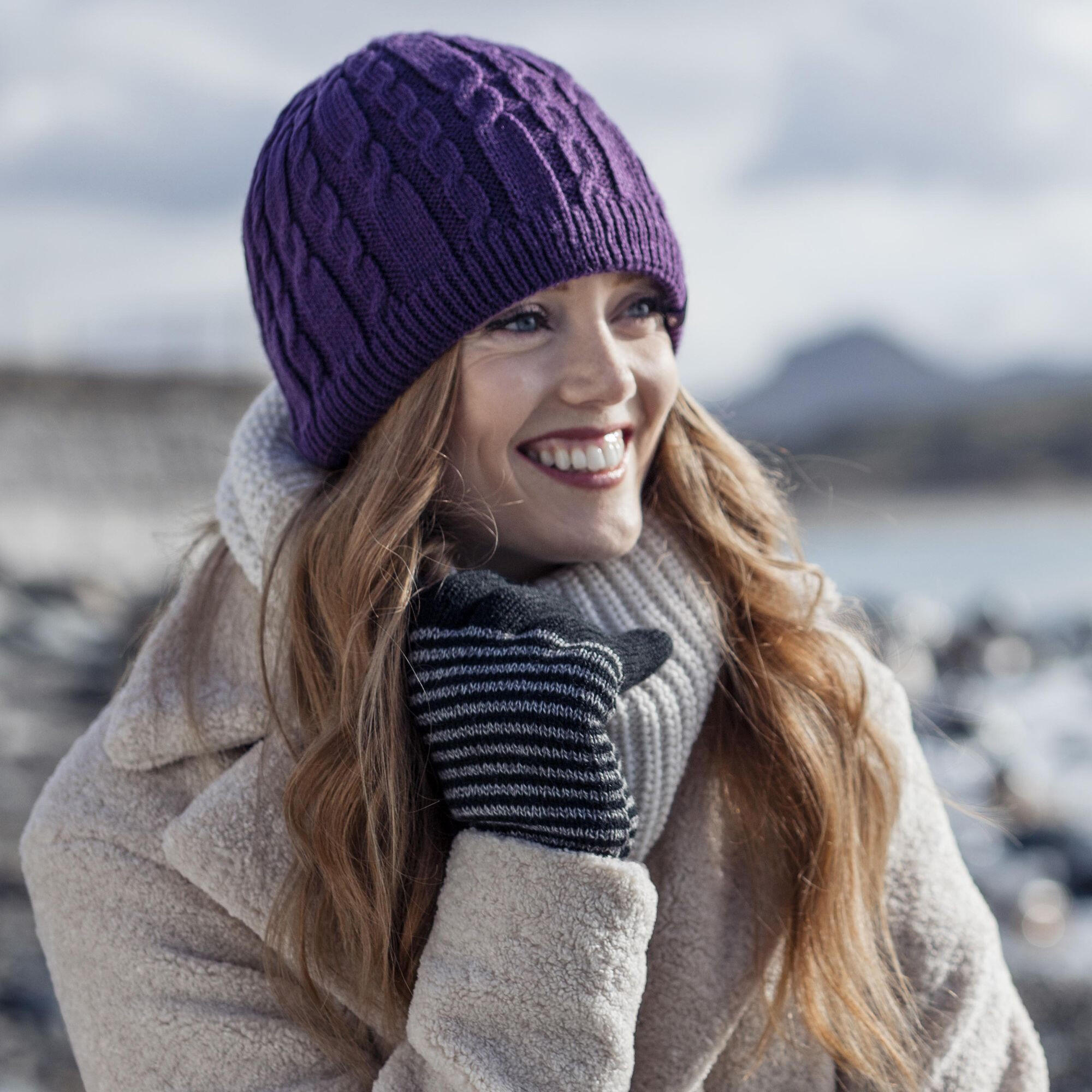 Ladies Cable Knit Fleece Lined Knitted Thermal Beanie Hat 3/6