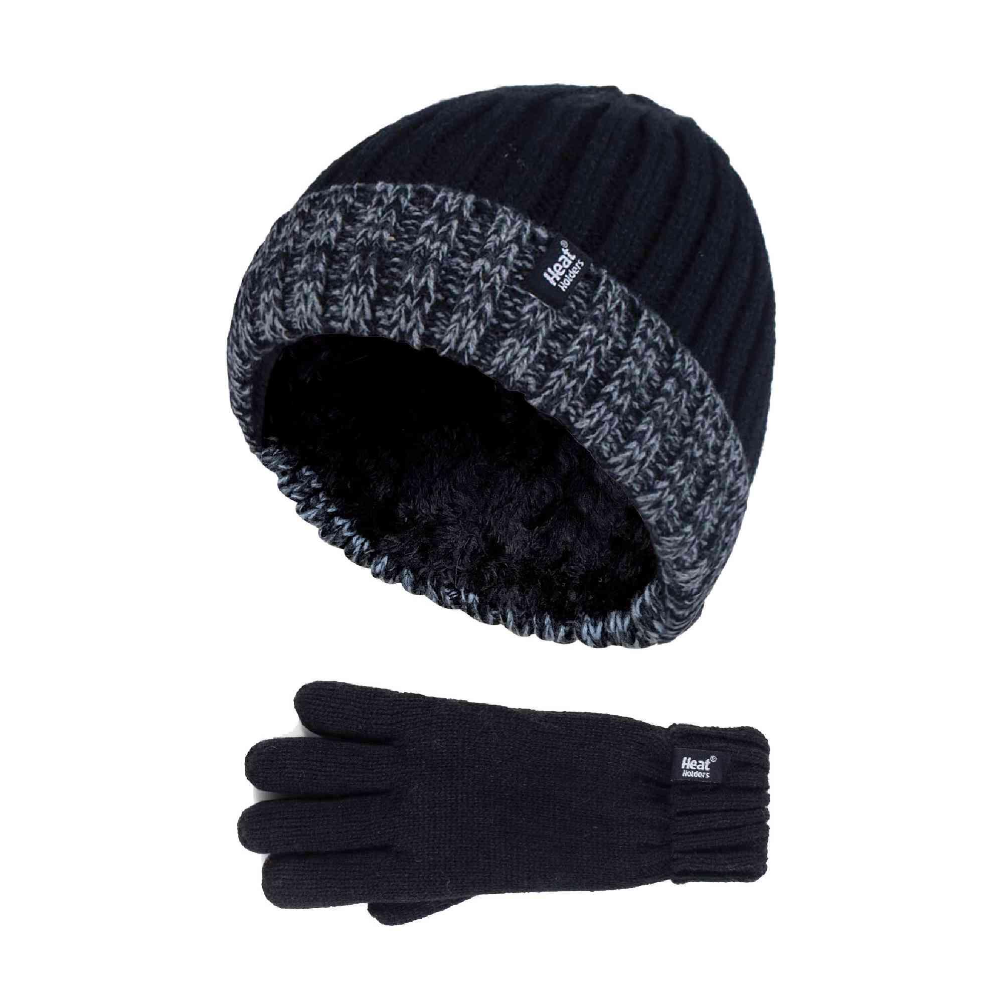 HEAT HOLDERS Children Winter Warm Fleece Lined Knit Turn Over Cuff Ribbed Hat and Gloves Set