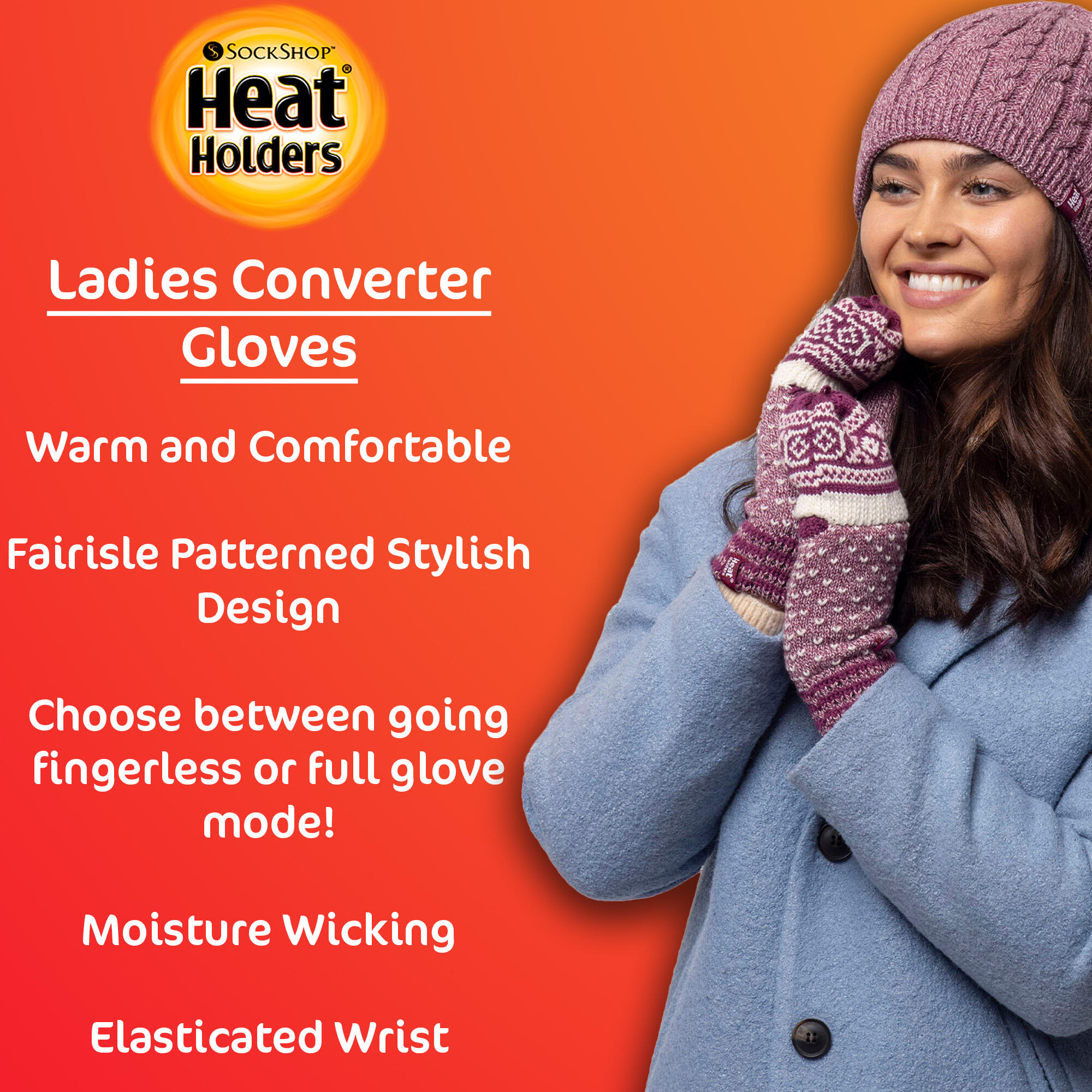 Ladies Warm Fairisle Patterned Thermal Fingerless Converter Gloves HEAT ...