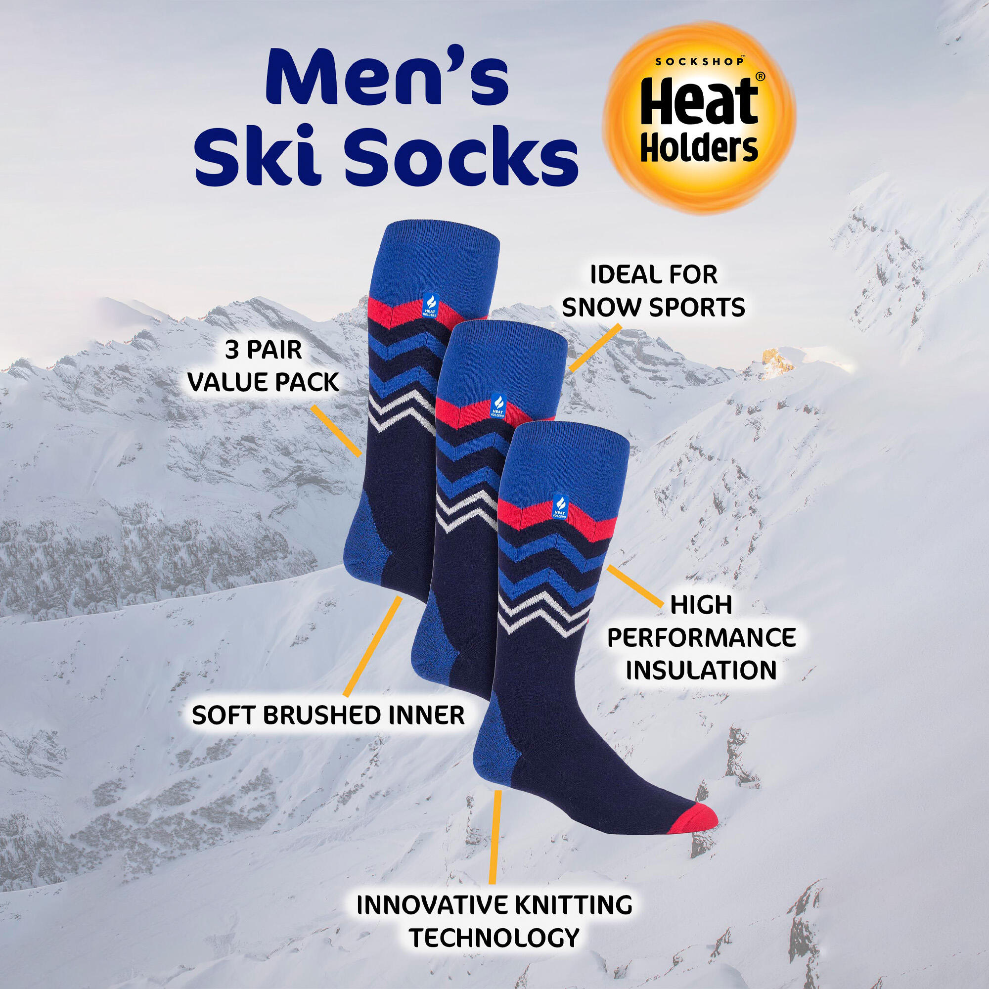 3 Pair Multipack Ultra Lightweight Mens Thermal Ski Socks 3/7