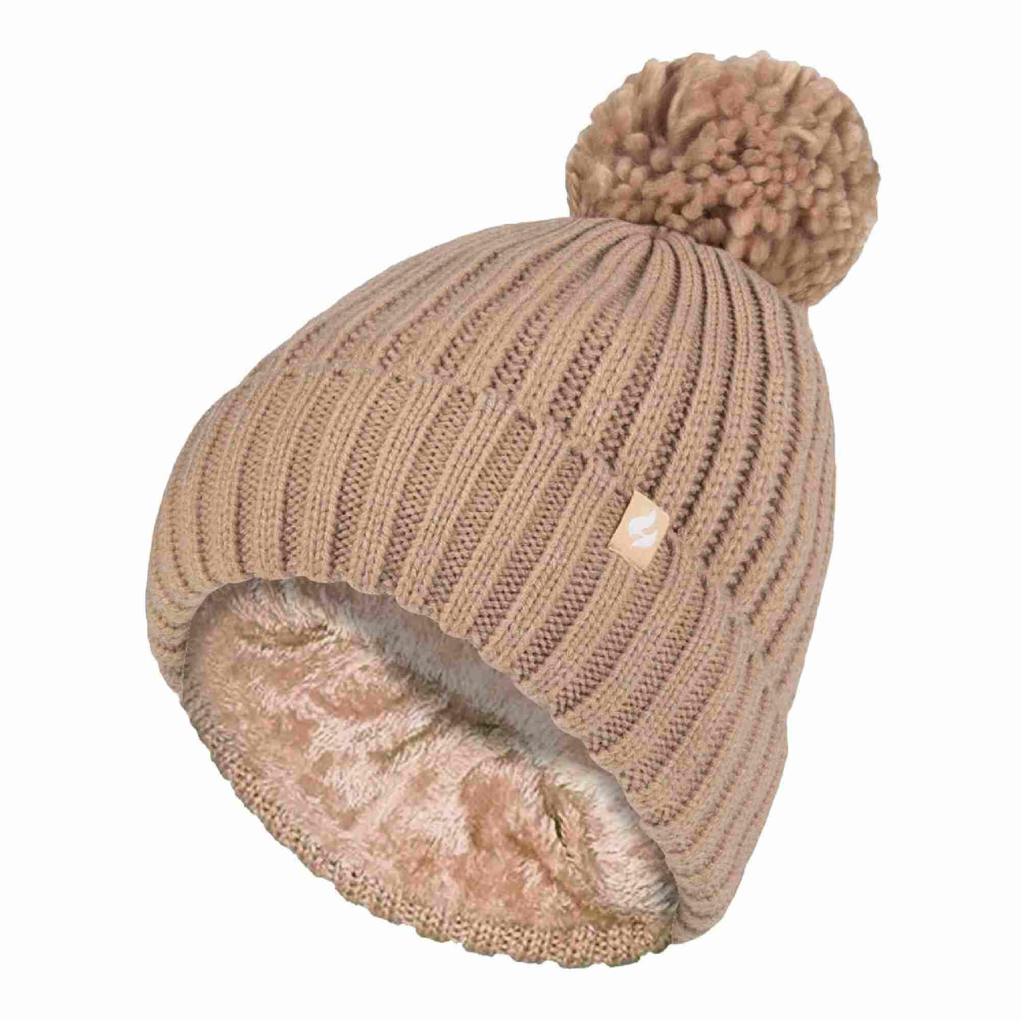 HEAT HOLDERS Ladies Ribbed Cuffed Thermal Insulated Winter Pom Pom Bobble Hat