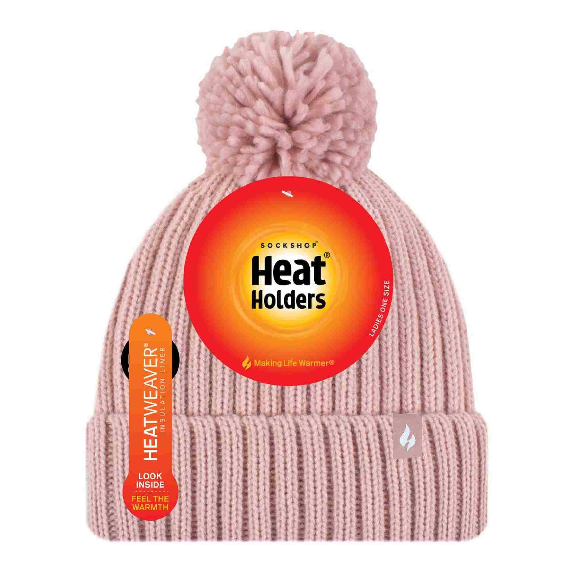 Ladies Ribbed Cuffed Thermal Insulated Winter Pom Pom Bobble Hat 2/4