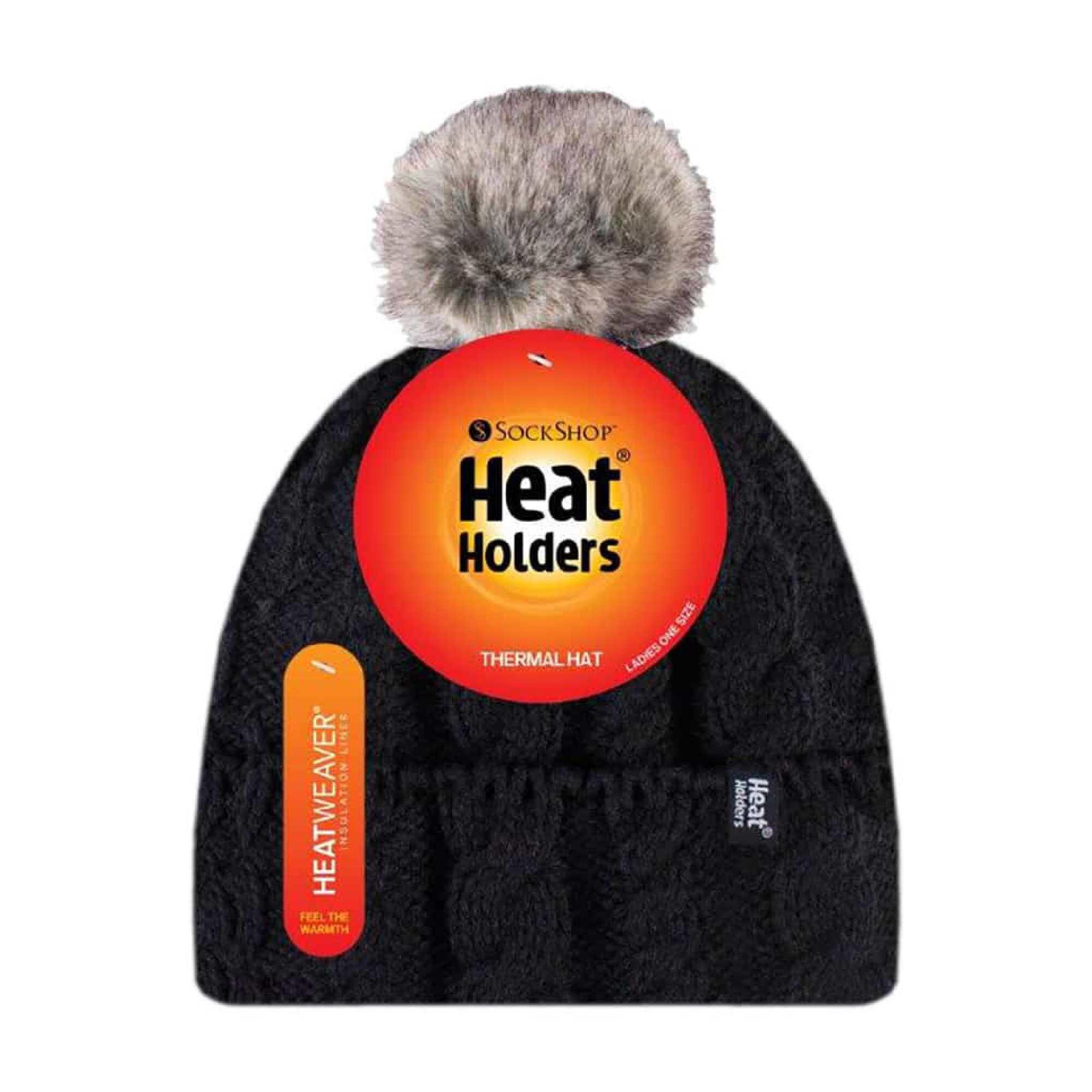 Ladies Cable Knit Fleece Lined Thermal Winter Bobble Hat with Pom Pom 2/5