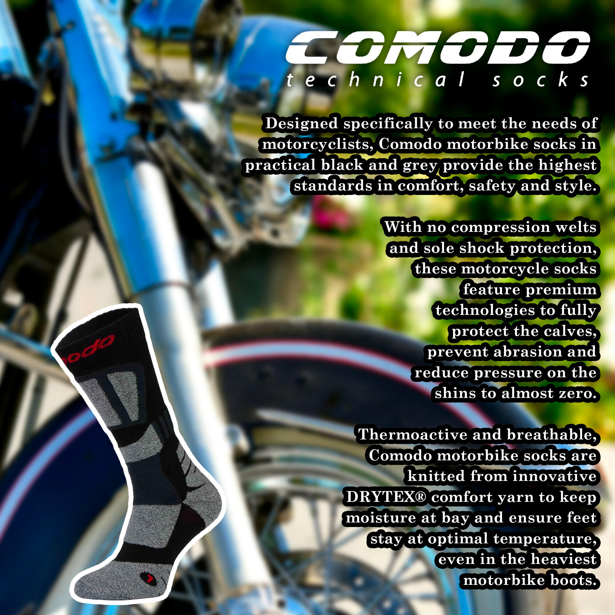 Thick Motorbike Moisture Wicking DriTechSocks Mens & Ladies COMODO