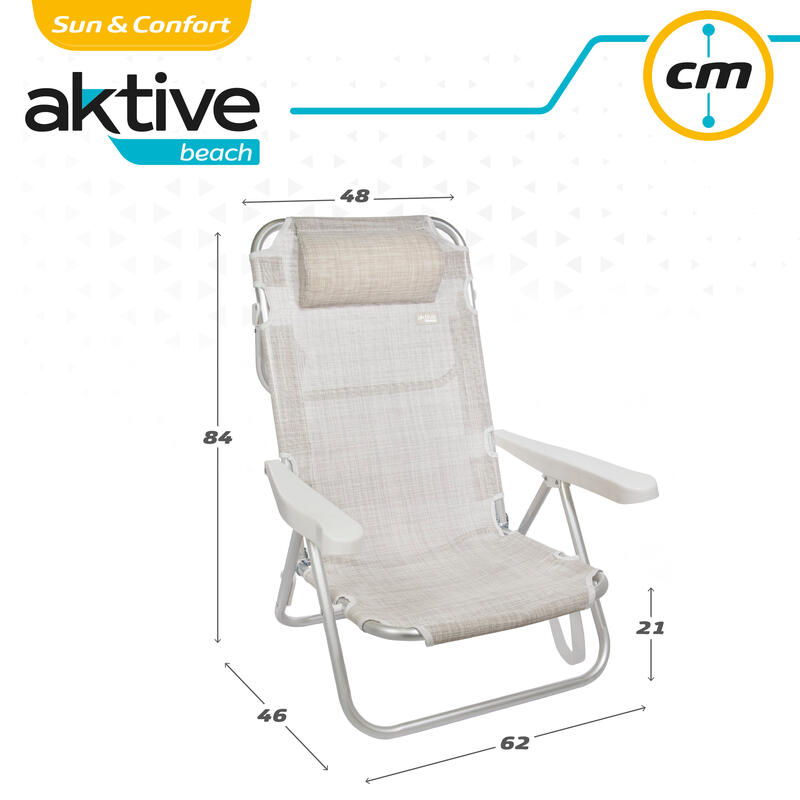 Cadeira de praia dobrável multiposição alumínio bege Aktive