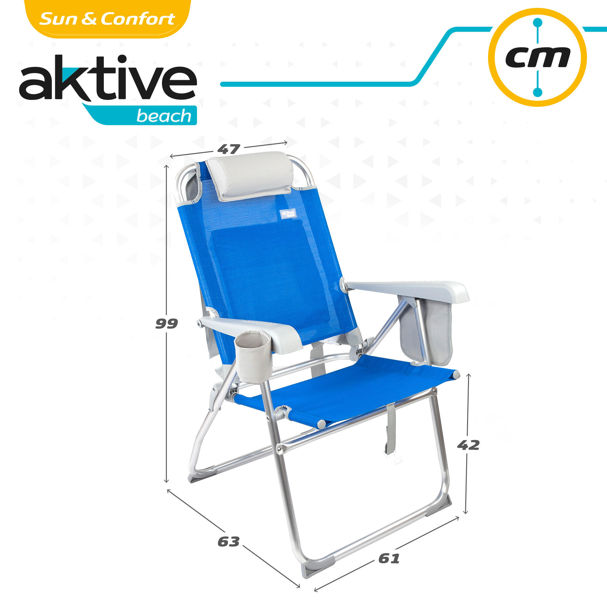 Cadeira de praia dobrável 48x65x100 cm com almofada, saco e bolso Aktive 5/6