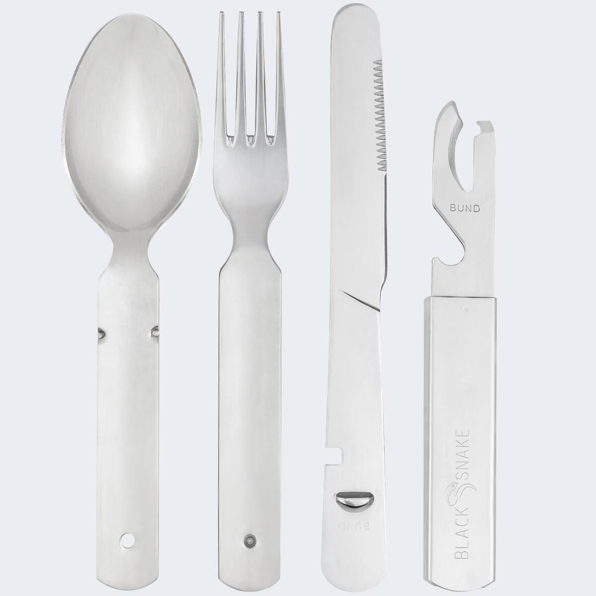 Camping Teller flach, Besteck und Thermotasse Karabinerhaken Set | Edelstahl 4/7