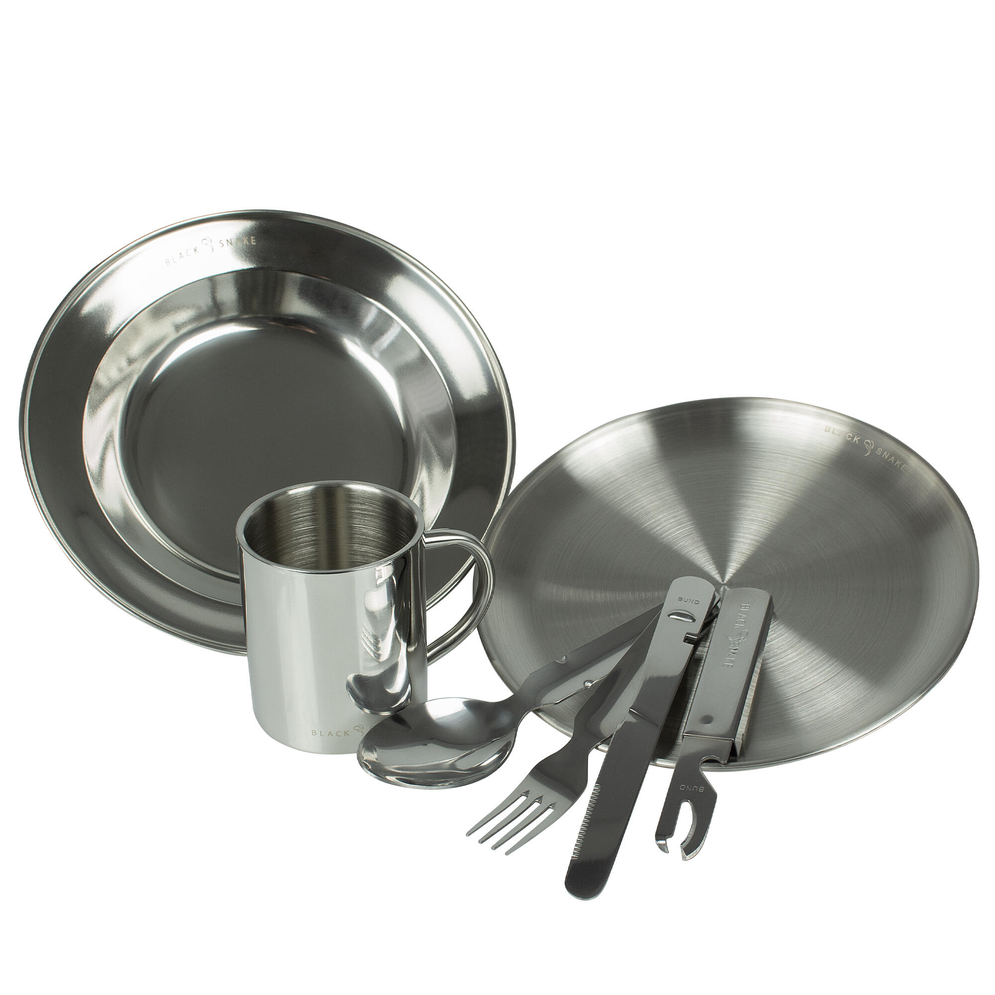 BLACK SNAKE Camping Teller flach & tief, Besteck und Thermotasse Set | Edelstahl
