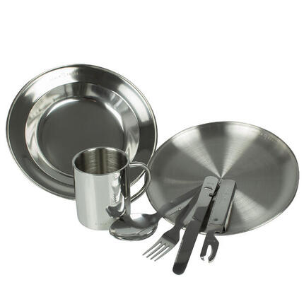 Edelstahl Camping Geschirr Set mit Teller, Tasse, Besteck - 1 Person
