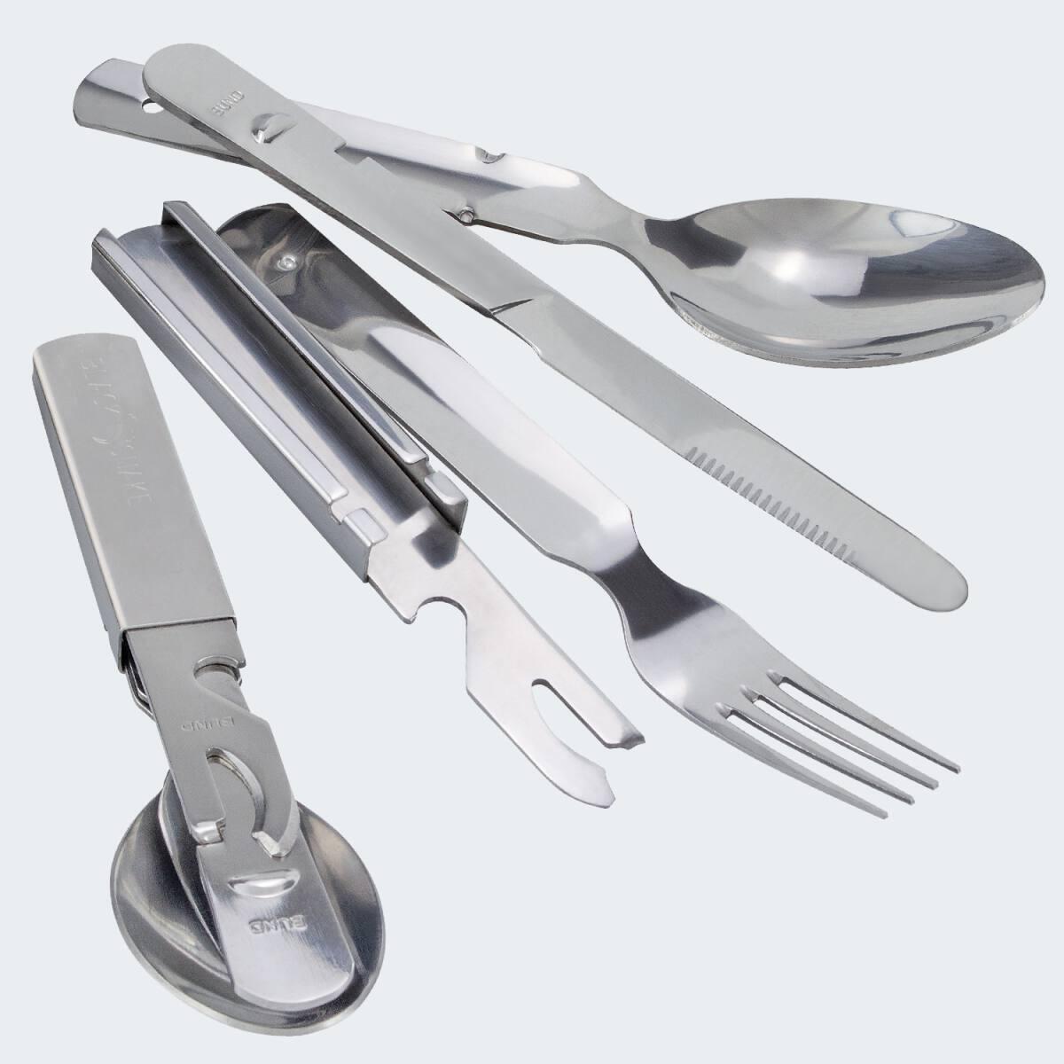 Camping Teller flach, Besteck und Thermotasse Karabinerhaken Set | Edelstahl 6/7