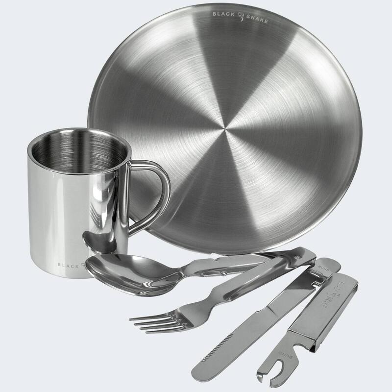 Camping Teller flach, Besteck und Thermotasse Set | Edelstahl