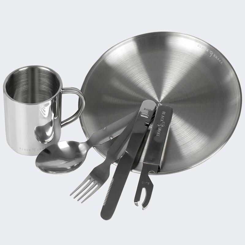 Camping Teller flach, Besteck und Thermotasse Set | Edelstahl