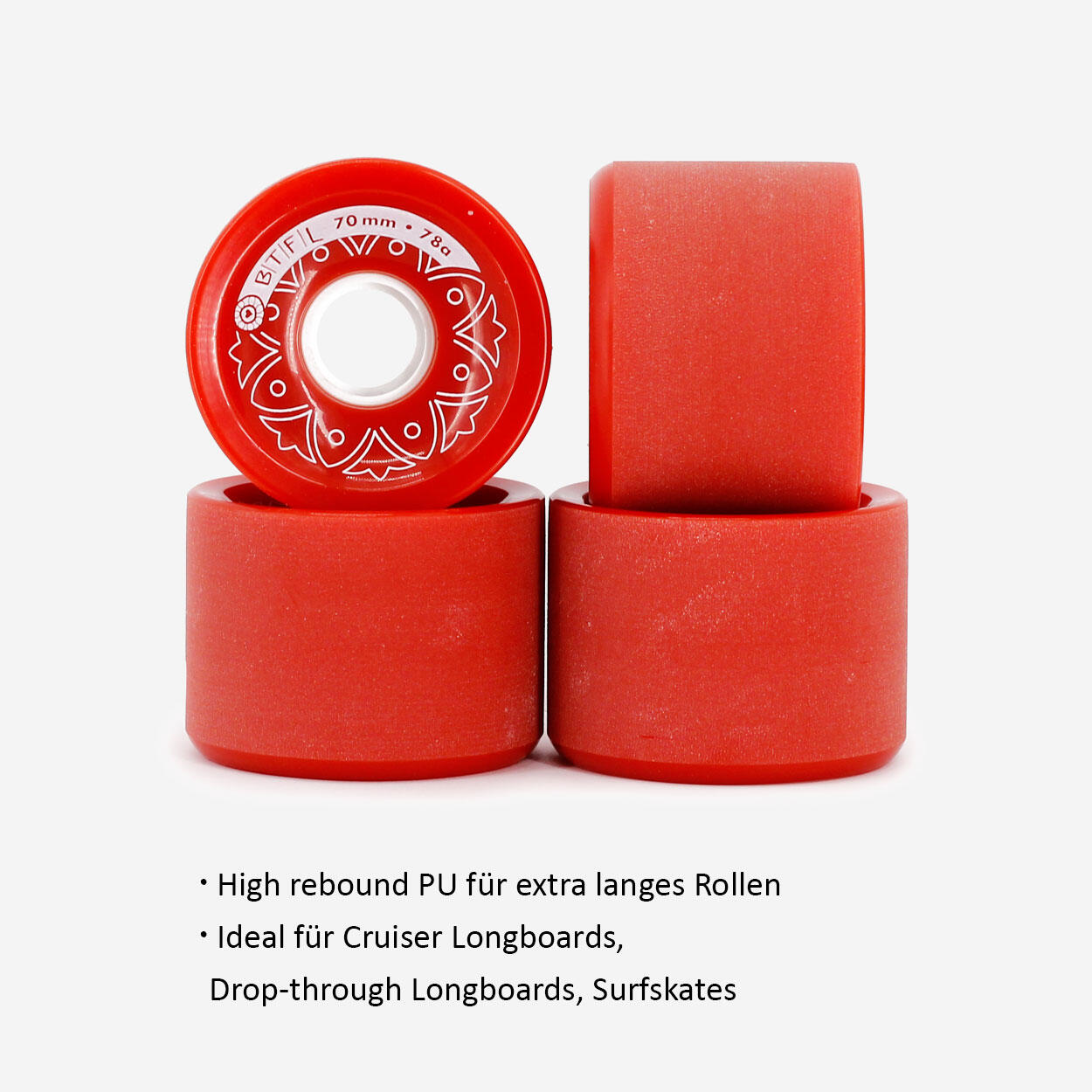 BTFL Longboard Rollen Set 70 x 51 mm - 78A - 4er Set - rot 3/3