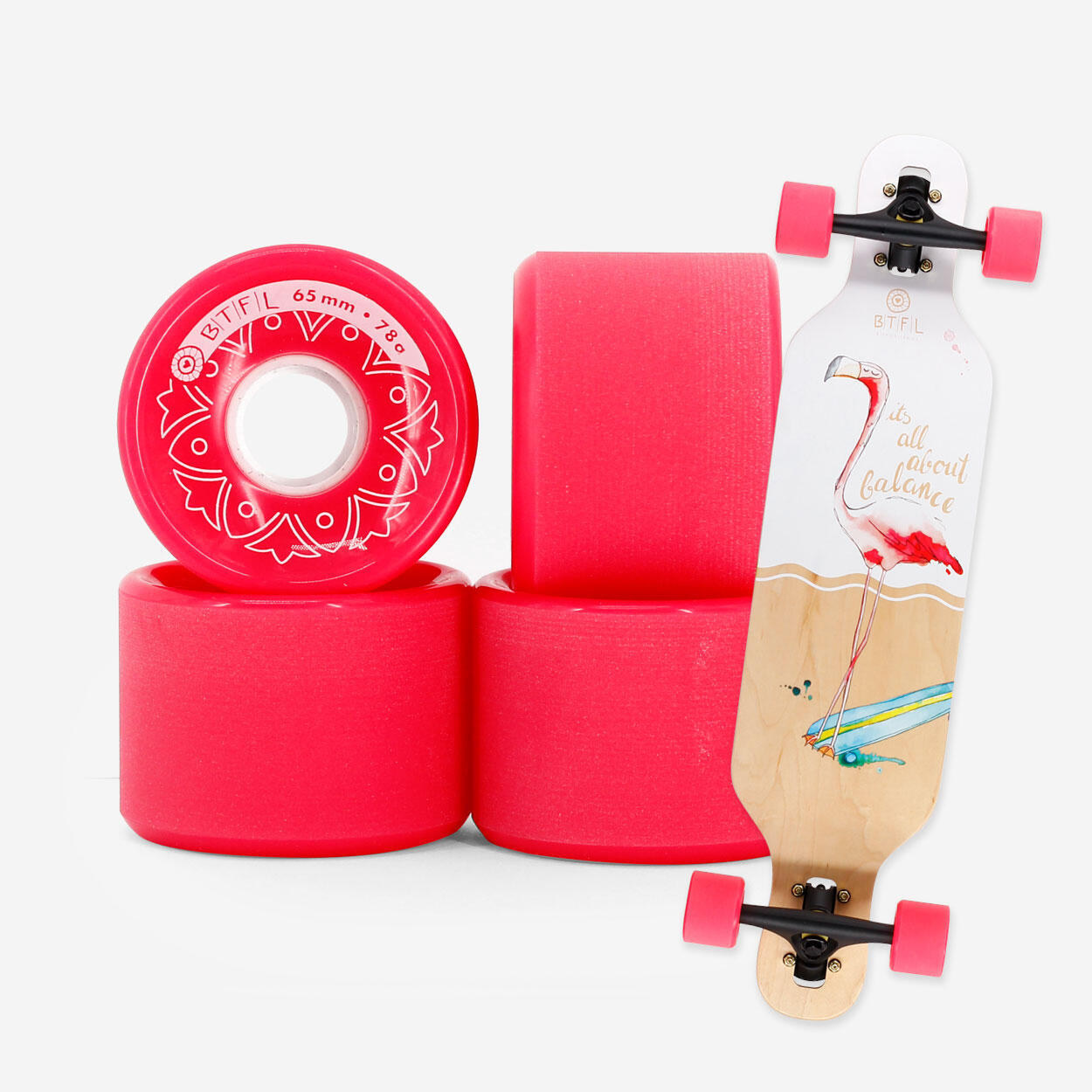 BTFL Juego de Ruedas Longboard 65 x 47mm - 78A - Juego de 4 - rosa 1/3