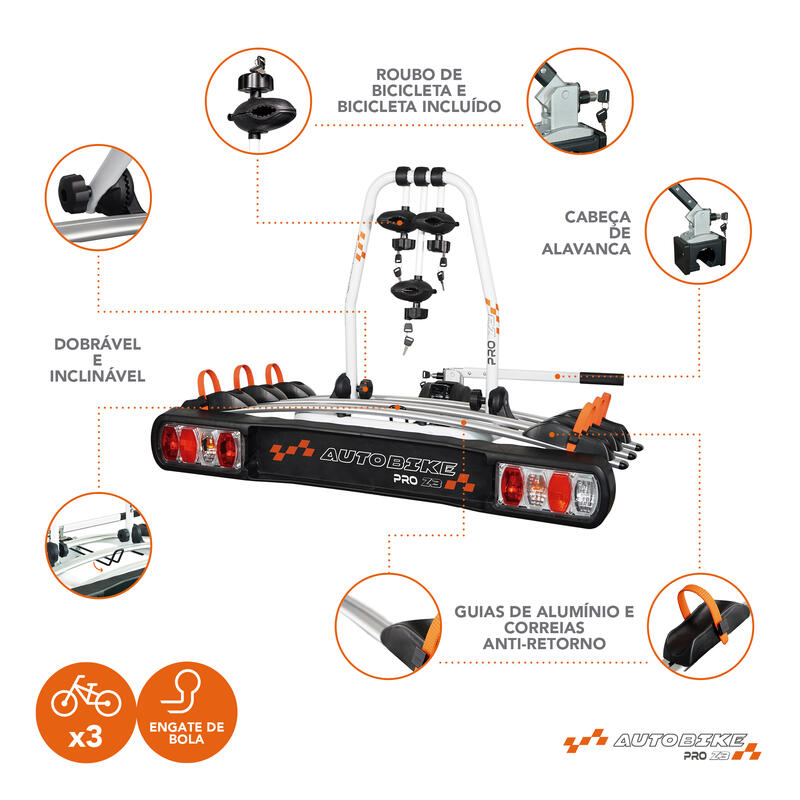Portabicicletas de bola AUTOBIKE PRO Z3 15kg/carril, 3bicis, plegable, antirrobo