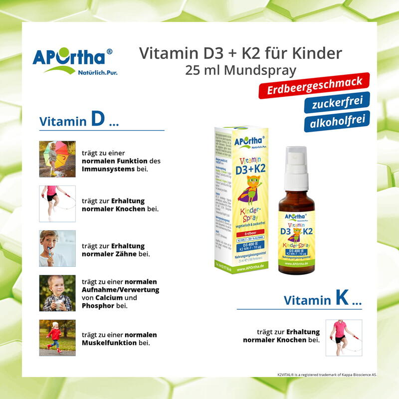 Vitamin D3 + K2 für Kinder - Erdbeergeschmack  - 25 ml vegetarisches Mundspray