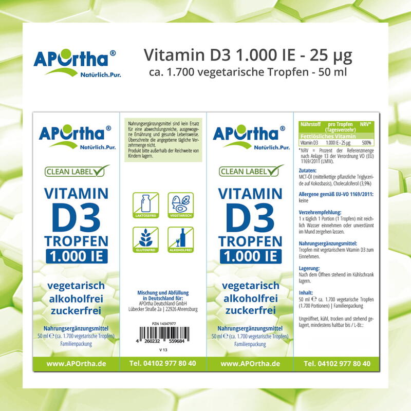 Vitamin D3 1.000 IE pro Tropfen - ca. 1.700 vegetarische Tropfen - 50 ml