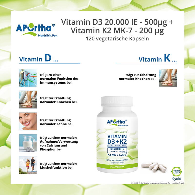 Vitamin D3 20.000 IE + Vitamin K2 MK-7 Cyclo® 200 µg - 120 vegetarische Kapseln