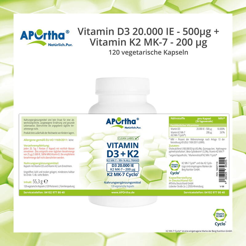 Vitamin D3 20.000 IE + Vitamin K2 MK-7 Cyclo® 200 µg - 120 vegetarische Kapseln