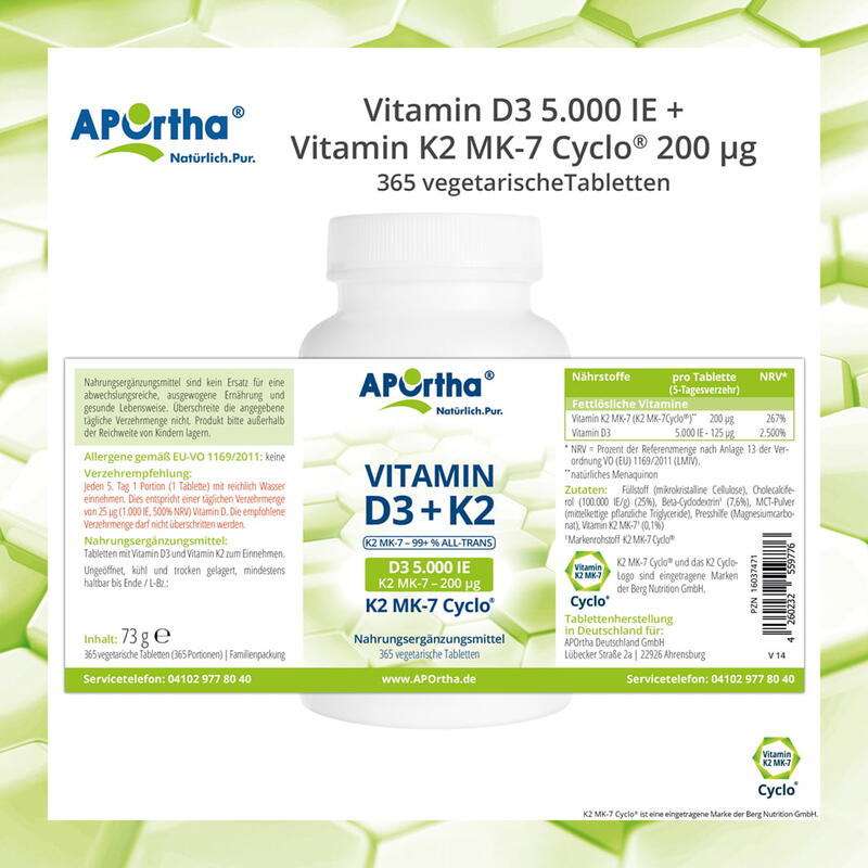 Vitamin D3 5.000 IE + Natto Vitamin K2 MK-7 Cyclo® 200 µg - 365 Tabletten