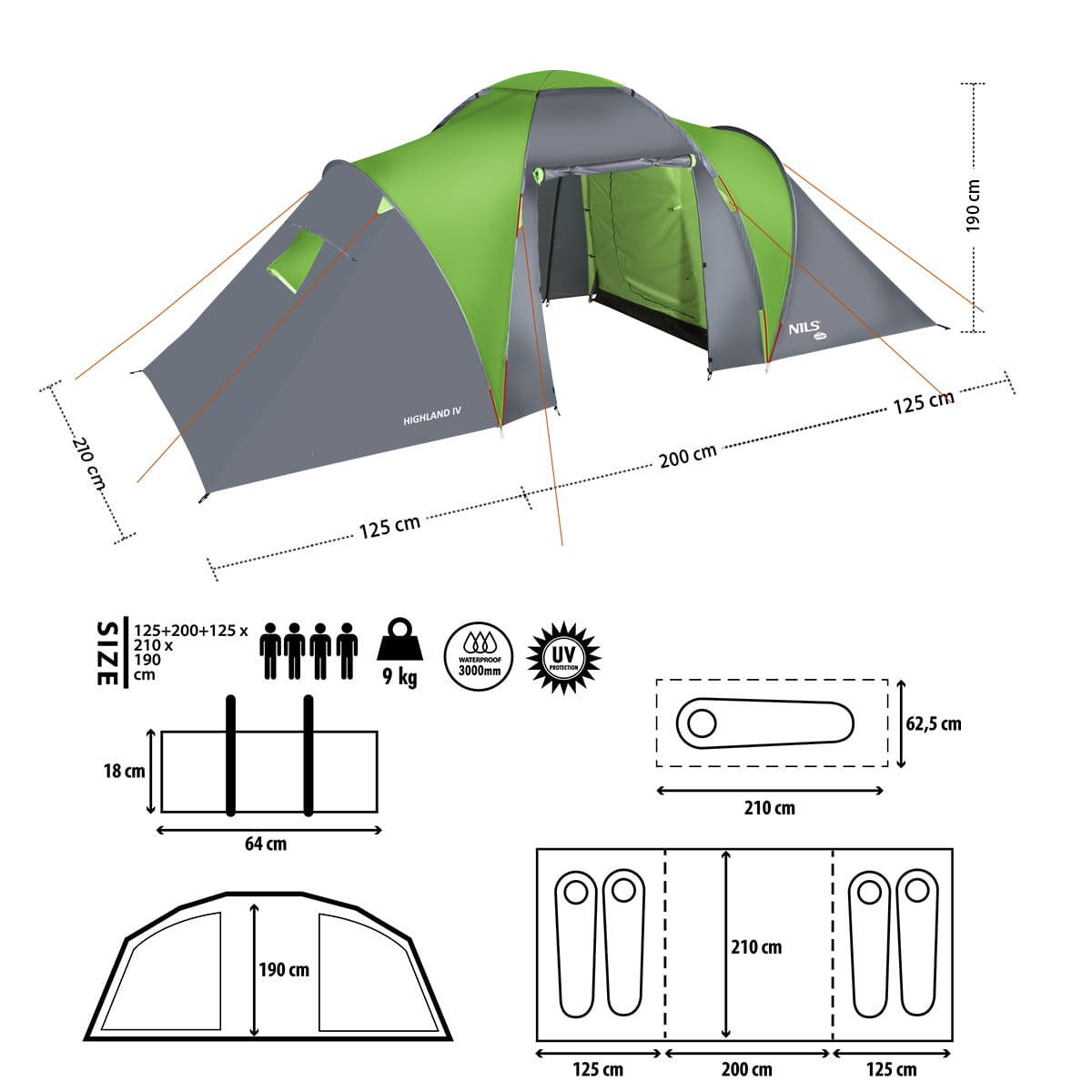 Tente camping 4 places NILS CAMP Highland IV NC6431 avec avancée 4/7