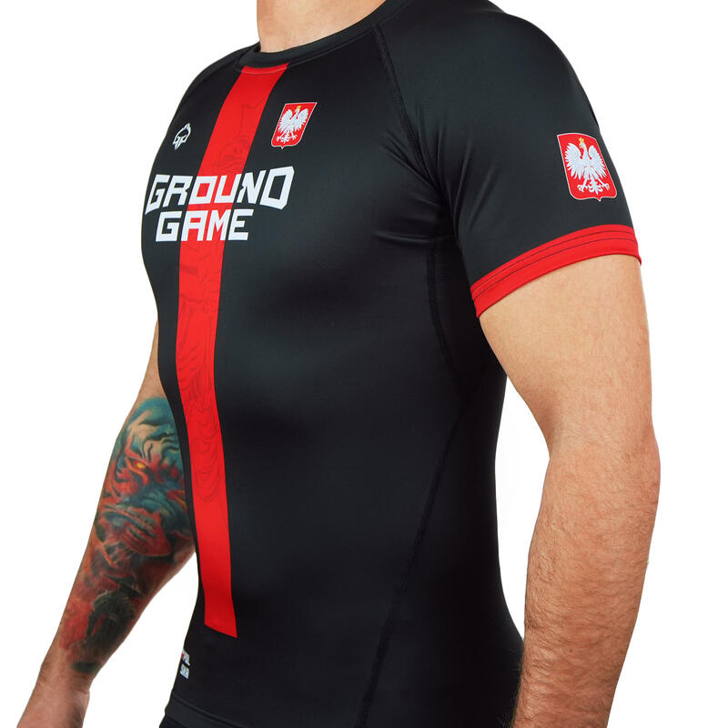 Rashguard do MMA/BJJ męski Ground Game Polska czarny z krótkim rękawem