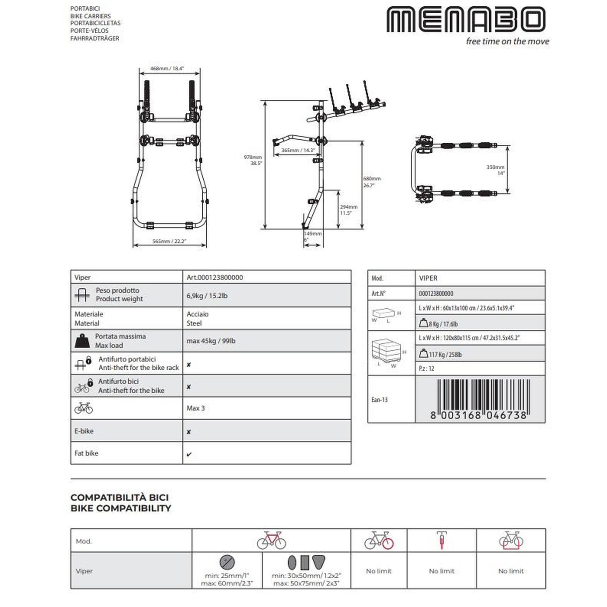 Porta Bici Per Portellone Auto per 3 biciclette e FAT BIKE, max 45kg - VIPER