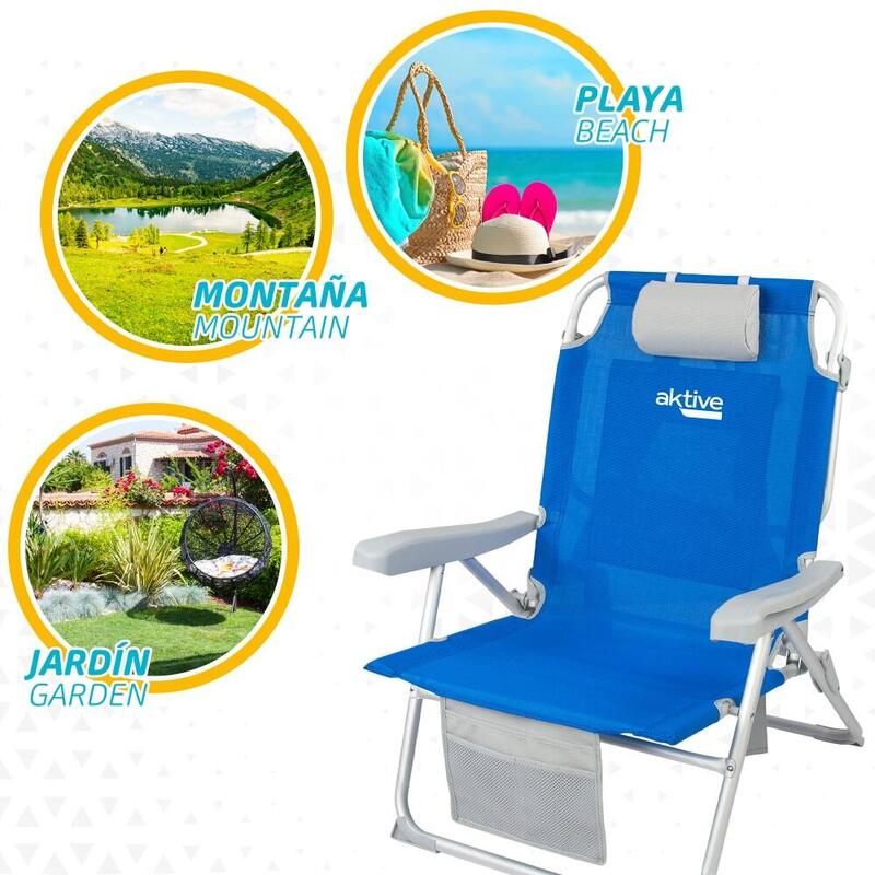 Cadeira de praia mochila ultrarresistente XL 120 kg c/almofada e bolso Aktive