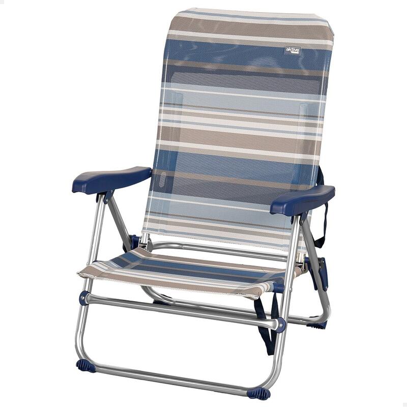 Silla playa plegable baja 5 posiciones a rayas azules y grises Aktive