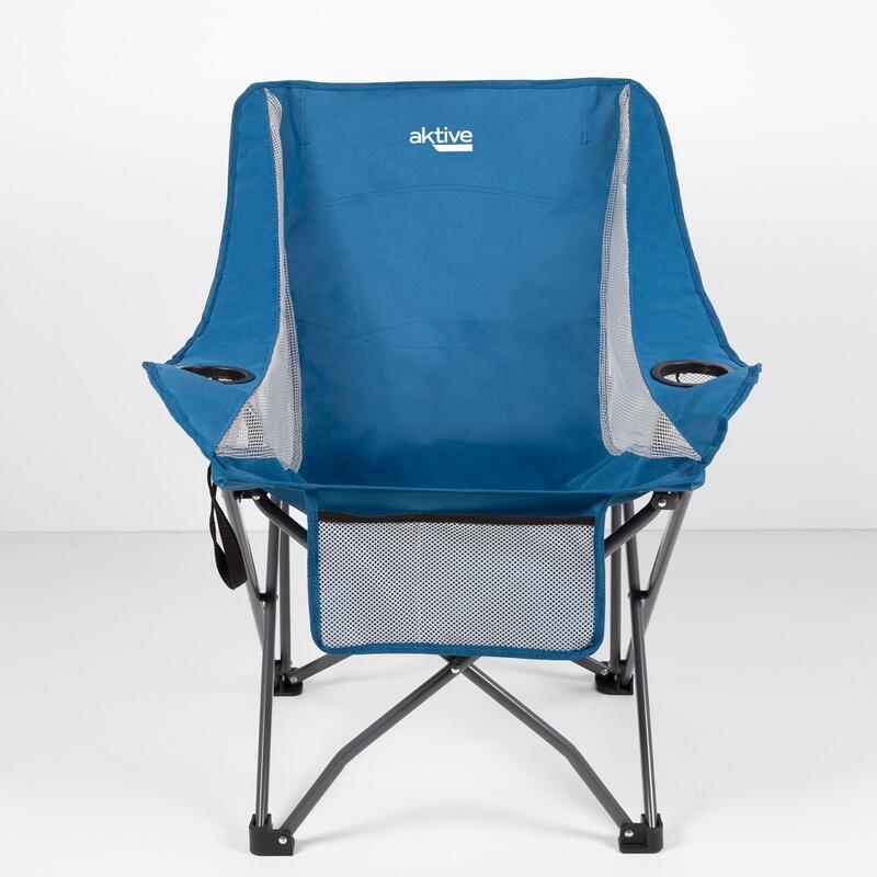 Cadeira de campismo dobrável anti-queda azul com porta-copos e bolso Aktive