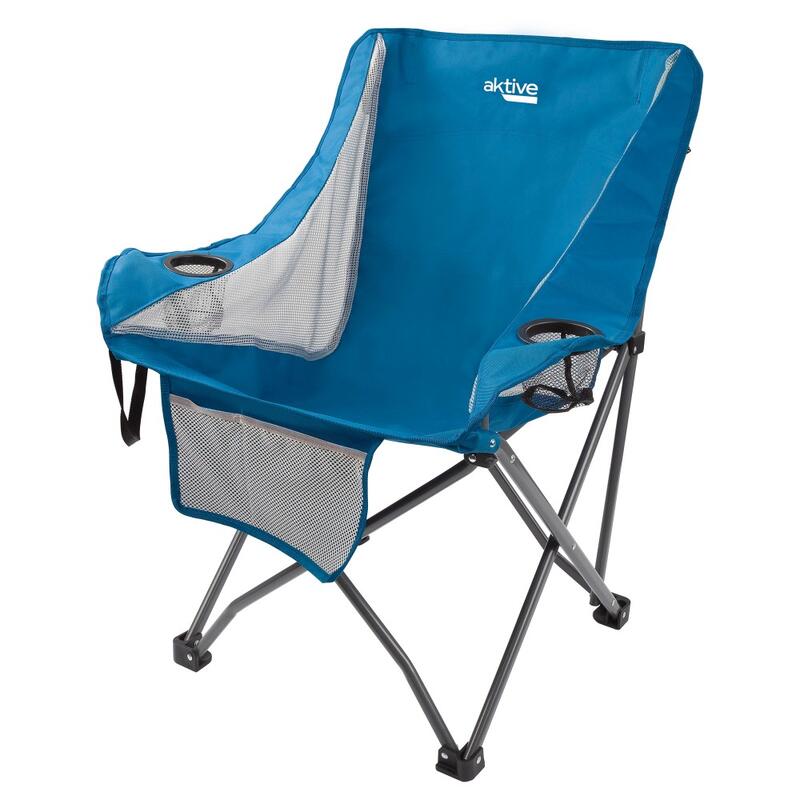 Cadeira de campismo dobrável anti-queda azul com porta-copos e bolso Aktive
