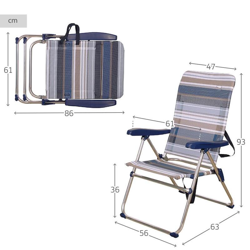 Cadeira alta dobrável de praia 5 posições listras azuis e cinza Aktive