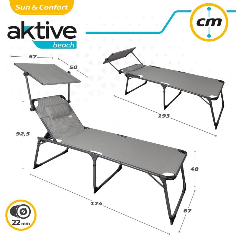 Pack 2 tumbonas plegables playa altura XL c/parasol y cojín gris Aktive